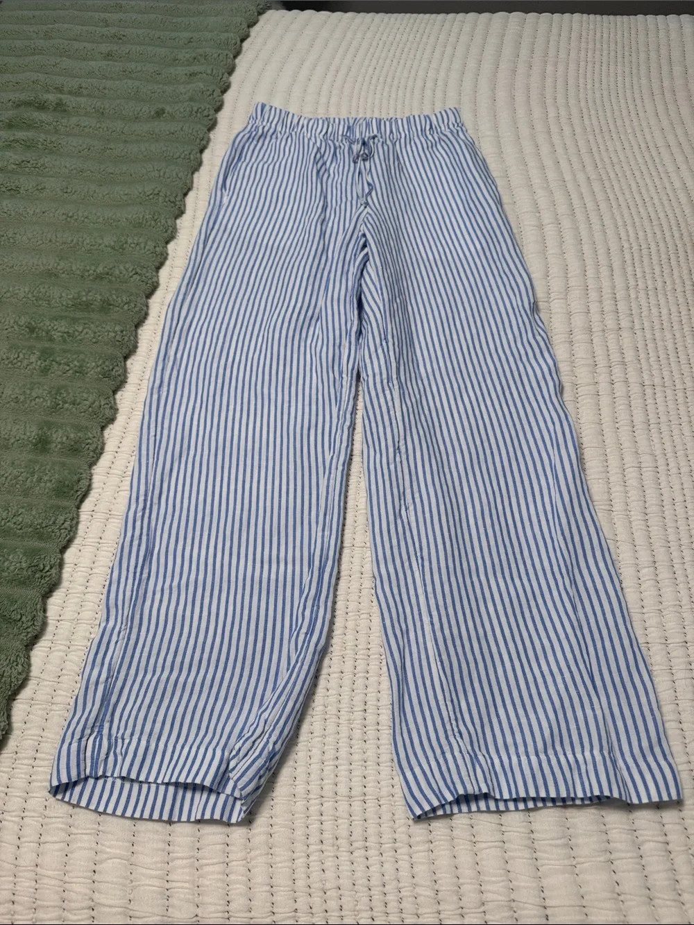 Linen Light Blue & White Striped Wide-Leg Pants